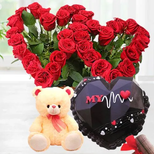 Lovely Heart Pinata Cake, Twin Heart Red Rose Arrangement n a Soft Teddy
