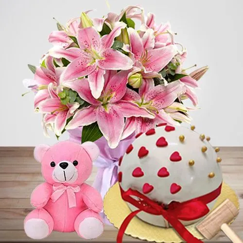 Unique Combo of Love Score Smash Cake, Pink Lily Bouquet n a Lovely Teddy	