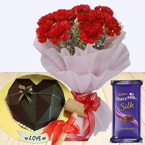 Lovely Gift of Heart-Shape Chocolate Smash Cake, Carnations Bouquet n Cadbury Silk