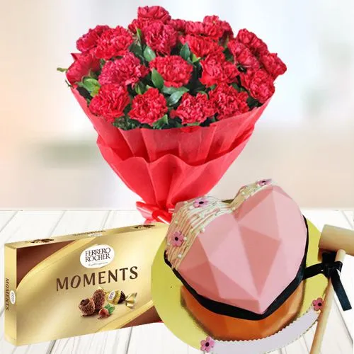 Splendid Red Carnations Bouquet, Hearty Love Pinata Cake n Ferrero Moments