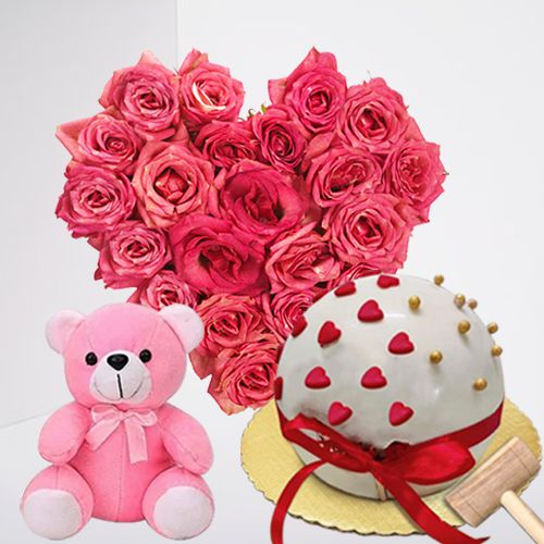 Lovely Combo of Pinata Cake, Heart Shape Pink Rose Bouquet and Plush Teddy