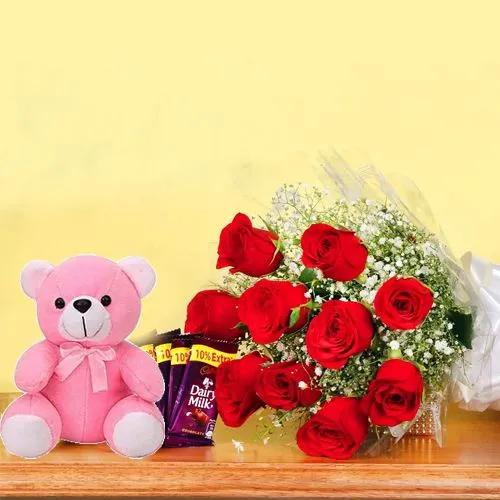 Valentine Mood Red Roses Bouquet, Soft Teddy and Cadbury Chocolate Gift Combo