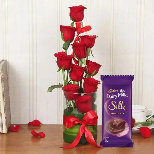 Promise Me Love with Red Roses in Vase n Cadbury Silk
