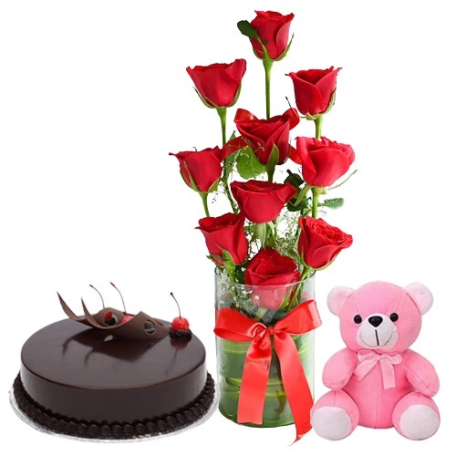 Fascinating Combo of Red Roses in Vase, Chocolate Cake n Teddy