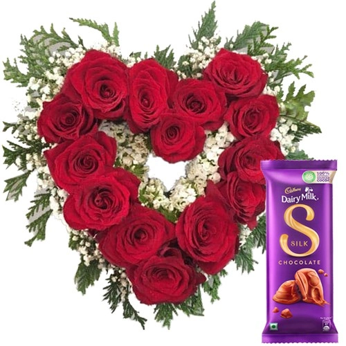Magical Heart-Shape Arrangement of Red Roses n Cadbury Silk