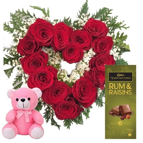 Superb Heart-Shape Arrangement of Red Roses, Cadbury Temptation n Adorable Teddy