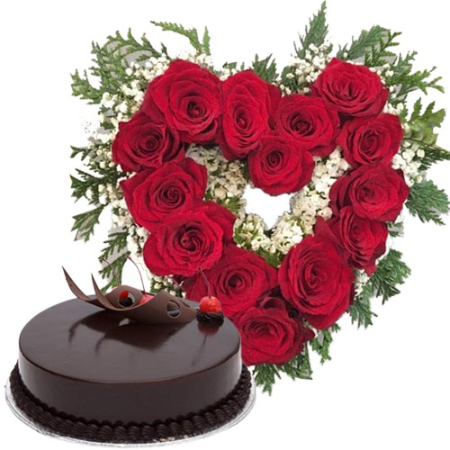 Enchanting Heart-Shape Red Roses Arrangement n Chocolate Cake Combo