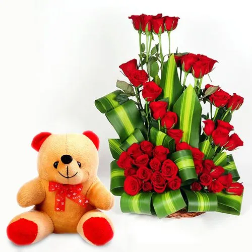 Beautiful Red Roses Arrangement N Adorable Teddy Combo