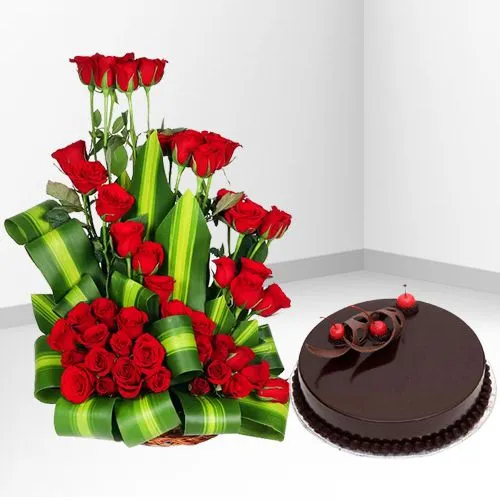 Impressive Red Roses Arrangement with Chocolate Truffle Cake