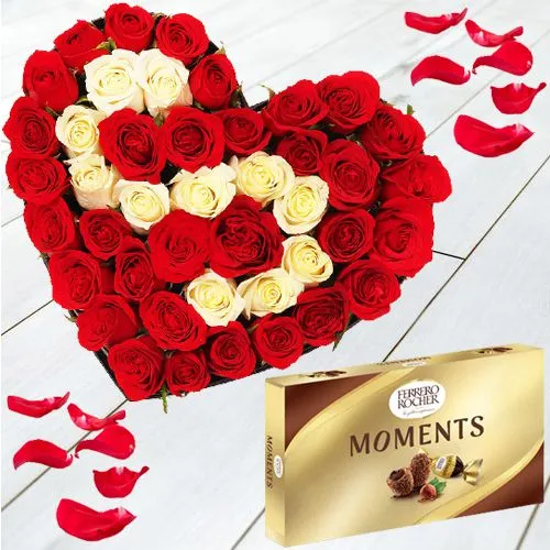Romantic Red n White Roses Love Arrangement n Ferrero Moments