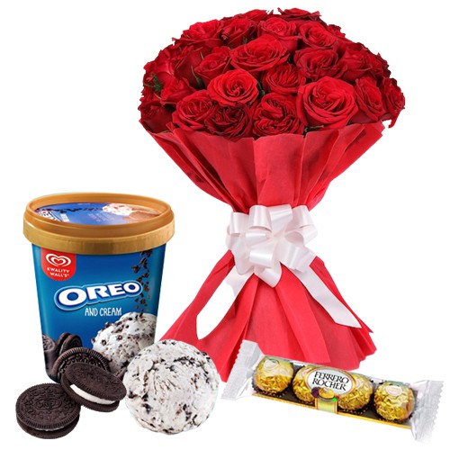 Yummy Kwality Walls Oreo Ice Cream N Ferrero Rocher with Red Roses Bouquet