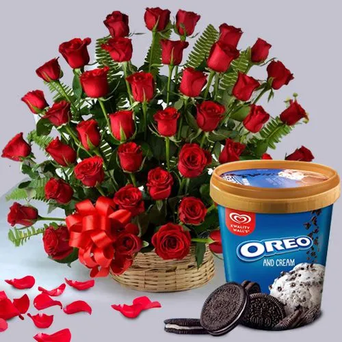 Lovely Combo of Kwality Walls Oreo  N  Cream Ice Cream n Basket of 100 Red Roses