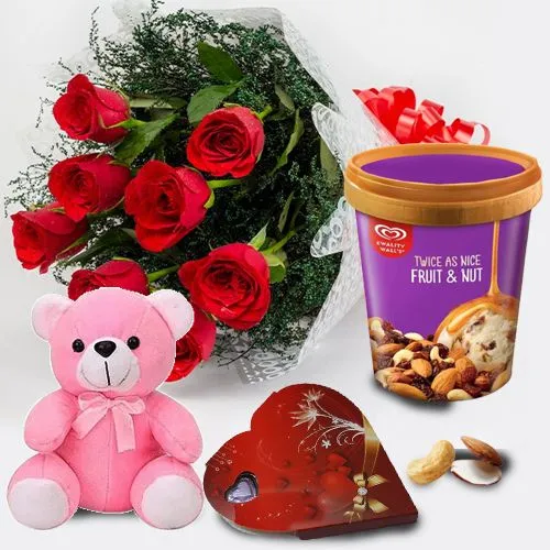 Forever in Love Roses, Kwality Walls Ice Cream, Teddy n Handmade Chocolate Combo