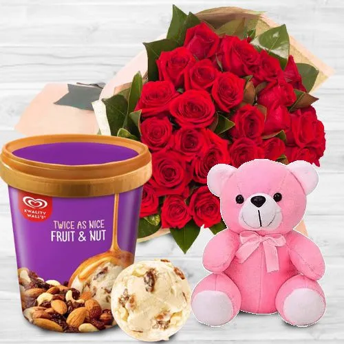 Charming Roses with Kwality Walls Fruit n Nut Ice Cream n Love Teddy