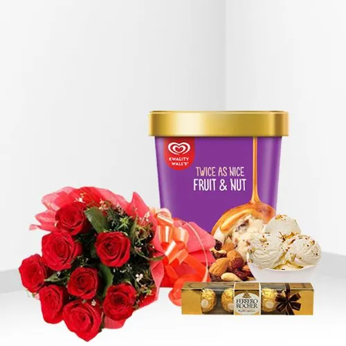 Pristine Roses with Kwality Walls Fruit n Nut Ice Cream n Ferrero Rocher