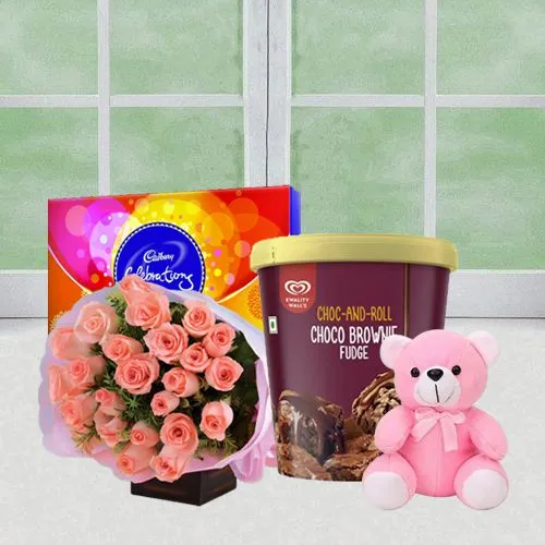 Love Delight Roses with Kwality Walls Choco Brownie Icecream, Cadbury Celebration N Teddy