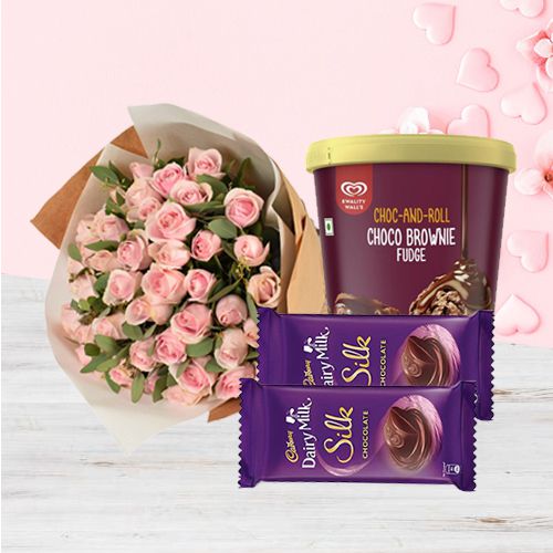 Fabulous Rose Bouquet with Kwality Walls Choco Brownie Fudge Ice Cream n Cadbury Silk