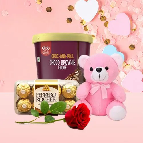 Tasty Kwality Walls Brownie Fudge Ice Cream, Ferrero Rocher n Teddy with Single Rose