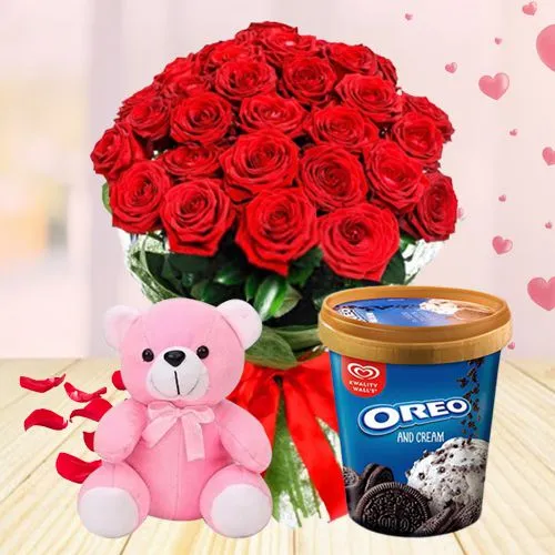 Alluring Roses Hand Bouquet with Kwality Walls Oreo N Cream Ice Cream n Cute Teddy