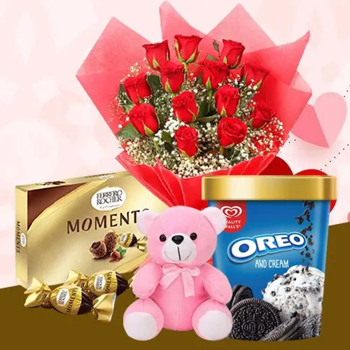 Gorgeous Roses with Kwality Walls Oreo Ice Cream, Ferrero Moments n Teddy