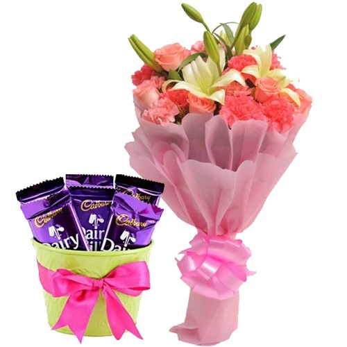 Lovely Mixed Flowers Bouquet N Cadbury Dairy Milk Gift Combo