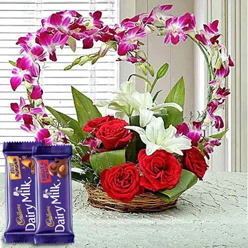 Exciting Mixed Flowers Love Basket with Cadbury Chocolates