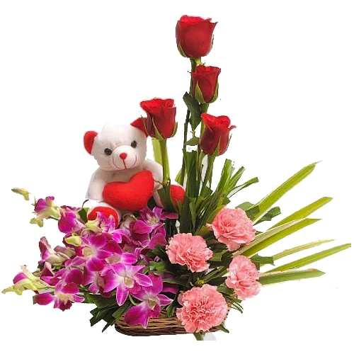 Lovers Choice Adorable Teddy N Mixed Flower Basket Gift Combo