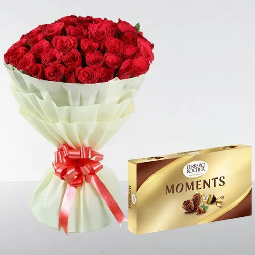 Majestic Bouquet of 50 Red Roses with Ferrero Moments