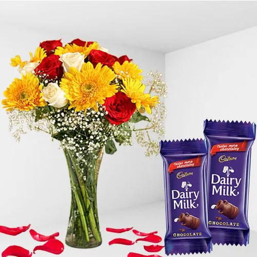 Vibrant Mixed Blooms Vase n Dairy Milk Chocolate Gift Combo