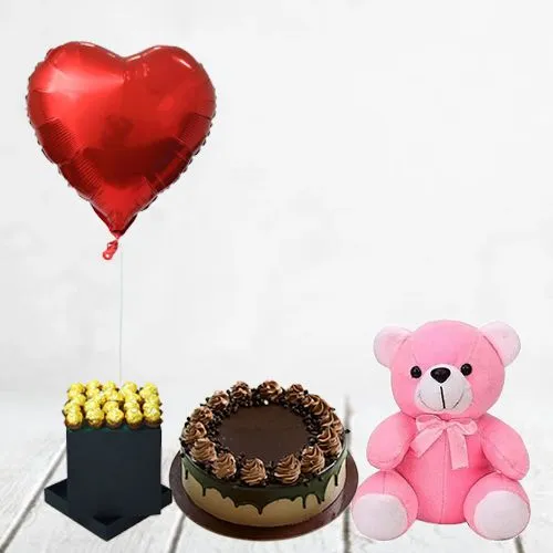 Cheerful Black Box of Ferrero Rocher n Love Balloon with Chocolate Cake n Teddy