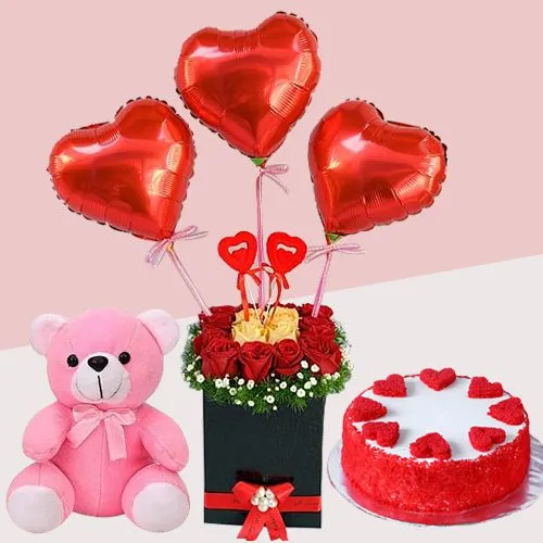 Pristine Black Box of Mixed Roses n Love Balloons with Red Velvet Cake n Teddy
