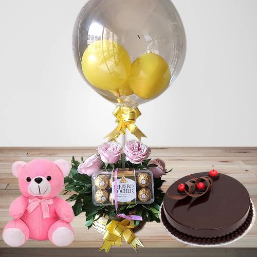 Magnificent Pink Roses, Rocher n Round Balloons Basket with Chocolate Cake n Teddy