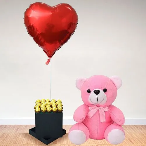 Awesome Black Box of Ferrero Rocher n Heart Shape Balloon with Cute Teddy