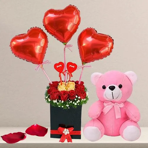 Delightful Mixed Roses n Heart Shape Balloon in Black Box with Adorable Teddy