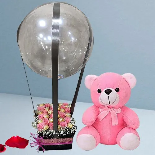 Spectacular Pink Roses N Ferrero Rocher in Balloon Box with Plush Teddy