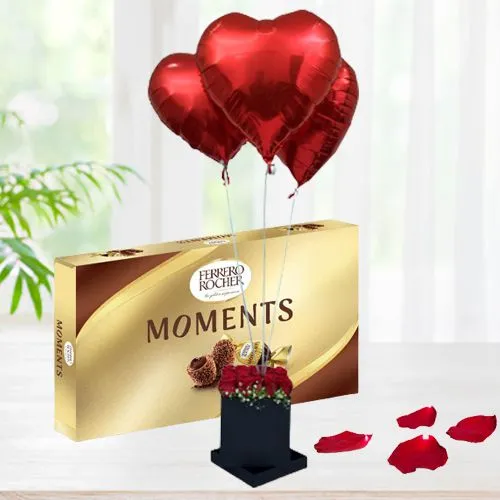 Brilliant Black Box of Red Roses N Love Balloon with Ferrero Moments