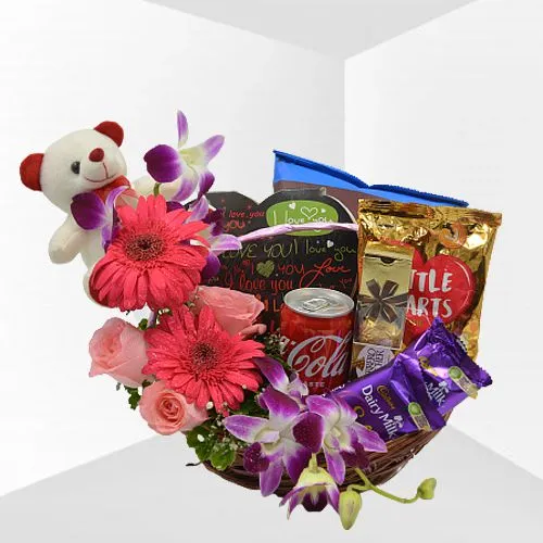 Gorgeous Floral Basket of Gourmet Delicacy n Teddy