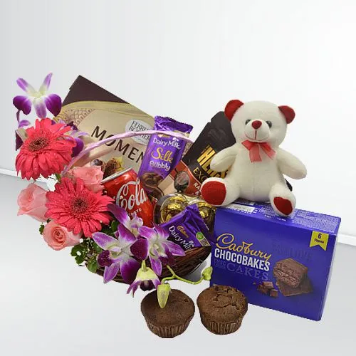 Romantic Floral Basket of Gourmets n Teddy
