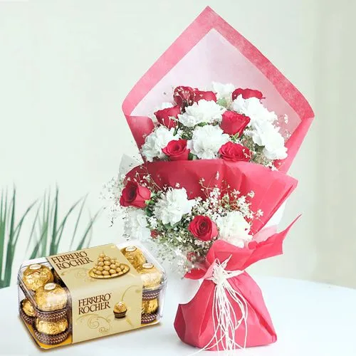 Love Filled Bouquet of Red Roses n White Carnation with Ferrero Rocher