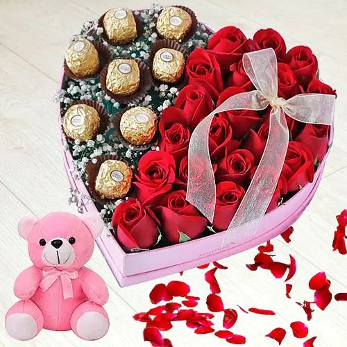 Attractive Valentine Gift of Red Roses, Ferrero Rocher Chocolates n Teddy