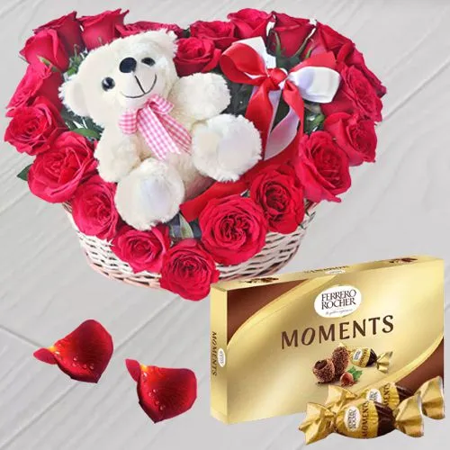 Impressive Teddy on Roses Heart Basket Arrangment with Ferrero Rocher Chocolates