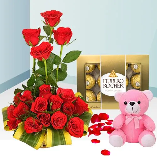Fantastic 18 Red Roses with Ferrero Rocher Chocolates and Teddy
