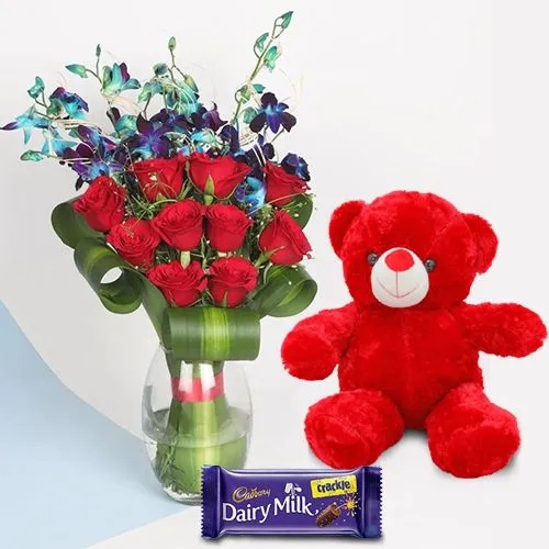 Elegant Roses n Orchids in Vase with Teddy n Cadbury Chocolates