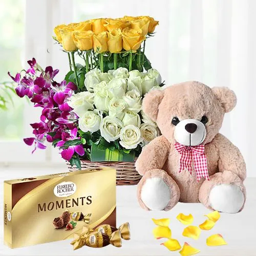 Admirable Assorted Flowers Basket with Ferrero Rocher Chocolates n 6in Teddy