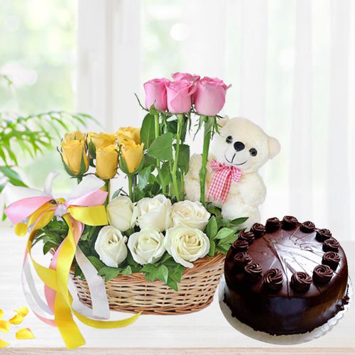 Beautiful Arrangement of 18 Mixed Roses with 6in Teddy  N  1lb Chocolate Cake