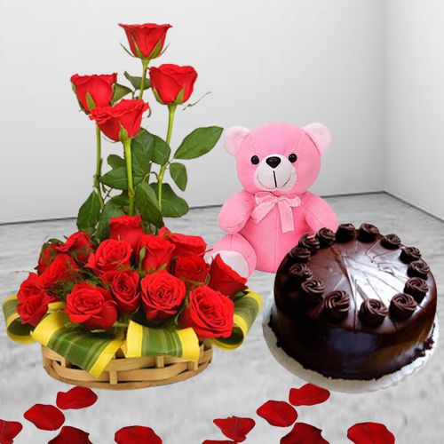 Exclusive Dutch Rose Arrangement with Chocolate Cake  N  Teddy