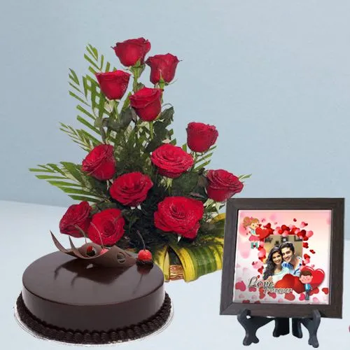 Gorgeous Personalized Photo Tile (4x4 in) with a 12 Red Rose Arrangement  N  500g Chocolate Cake	