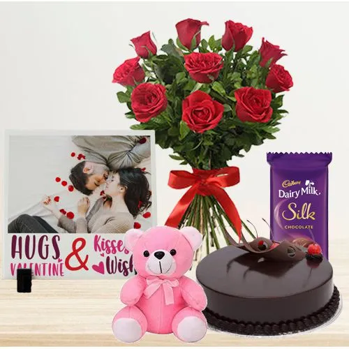 Gorgeous Red Rose Bouquet with a Chocolate Cake, Personnalized Tile, Cadbury Silk Chocolate n Teddy	