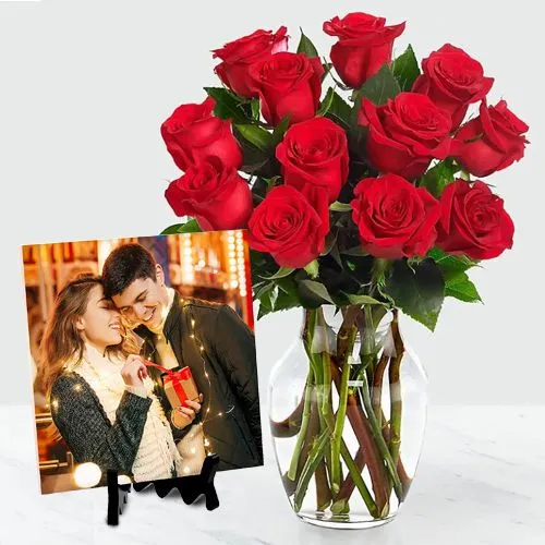 Impressive Red Roses in Vase with a Personalized Photo Tile