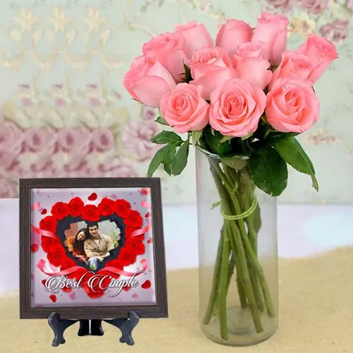 Impressive Pink Roses in Vase with a Personalized Photo Tile